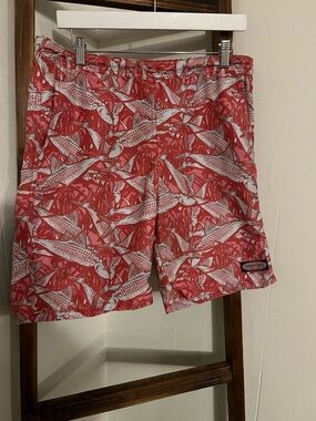 Men’s Vineyard Vines Board Shorts Coral Pink Fish Print Swim Trunks Size L